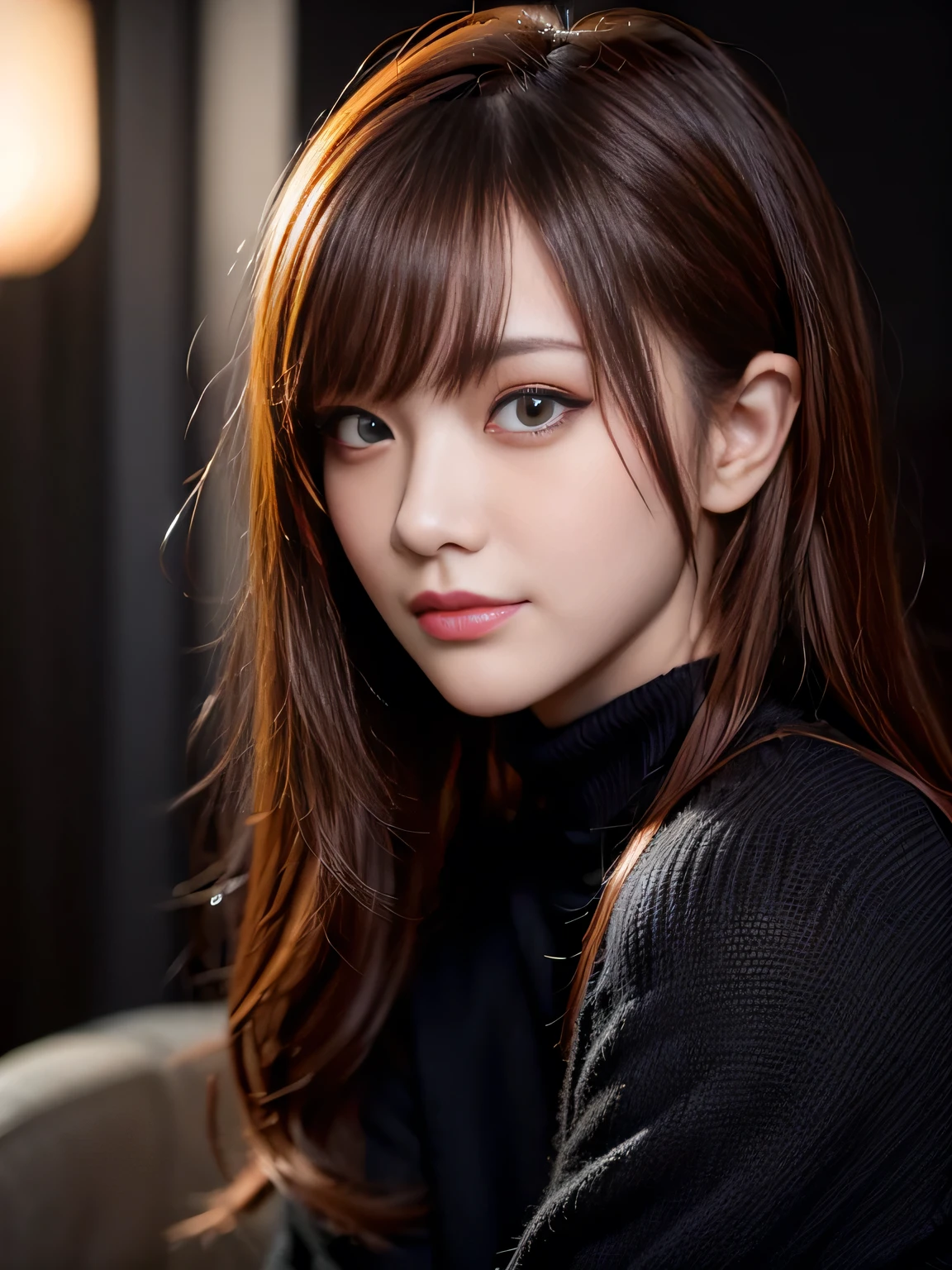 masterpiece, best quality, ultra-detailed, intricately detailed hyperdetailed, realistic, sharp features, highly detailed, sharp focus, Cute Japanese, young adult, perfect face, perfect face, perfect symmetrically perfect eyes, perfect full lips, flexible female form, hyper detailed, hyper realistic, high resolution, vibrant, dynamic studio lighting, Moody Lighting, Underexpose Lighting, ((Dark background)), (discret smile), Red hair, asymmetrical hair, asymmetrical bangs, brown Eyes, black sweater, cowboy shot,