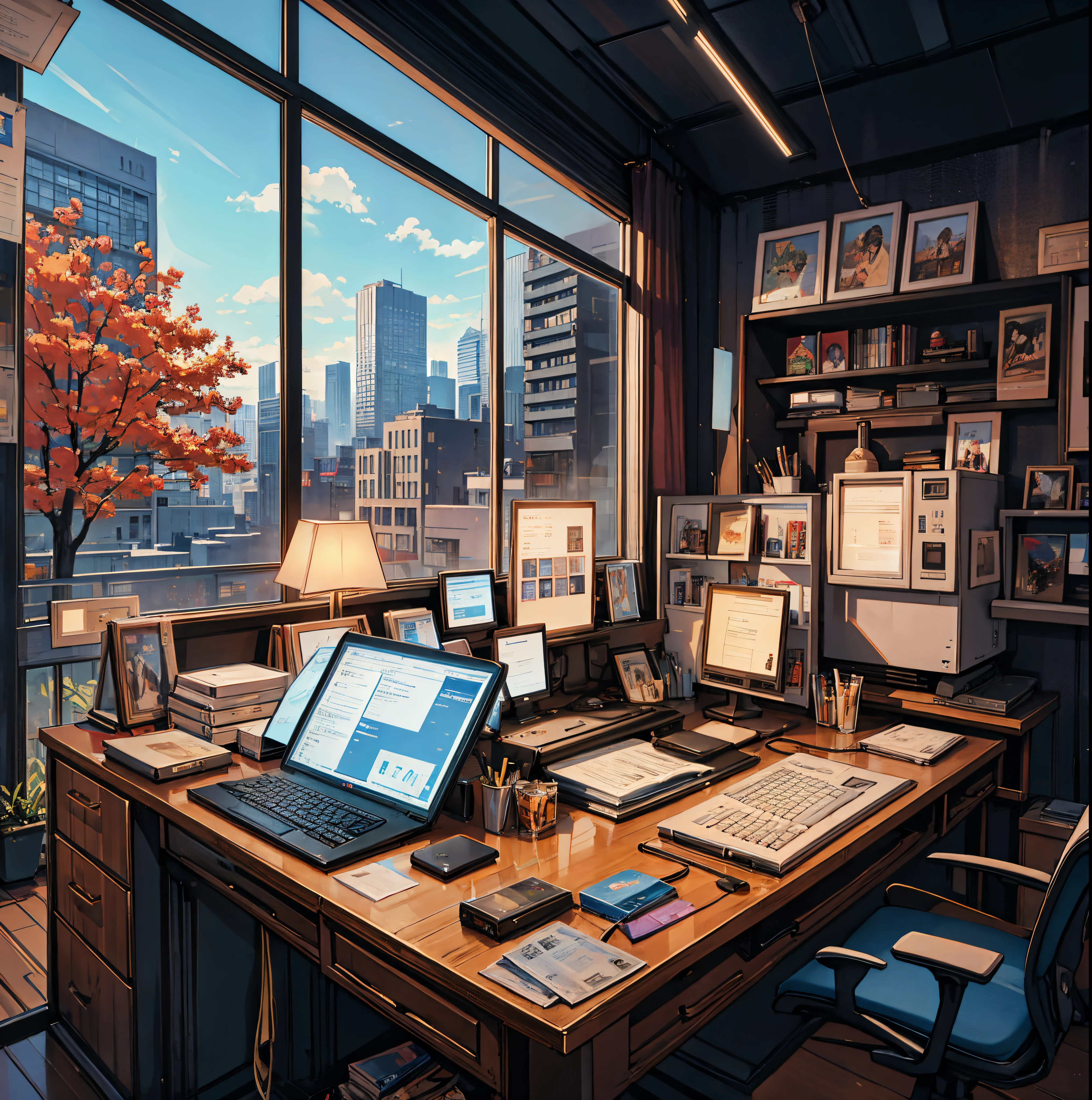 couay，Outside the window, there is a set of tall buildings，There is a computer on the table，and stationery，rich details details，ManhwaStyle