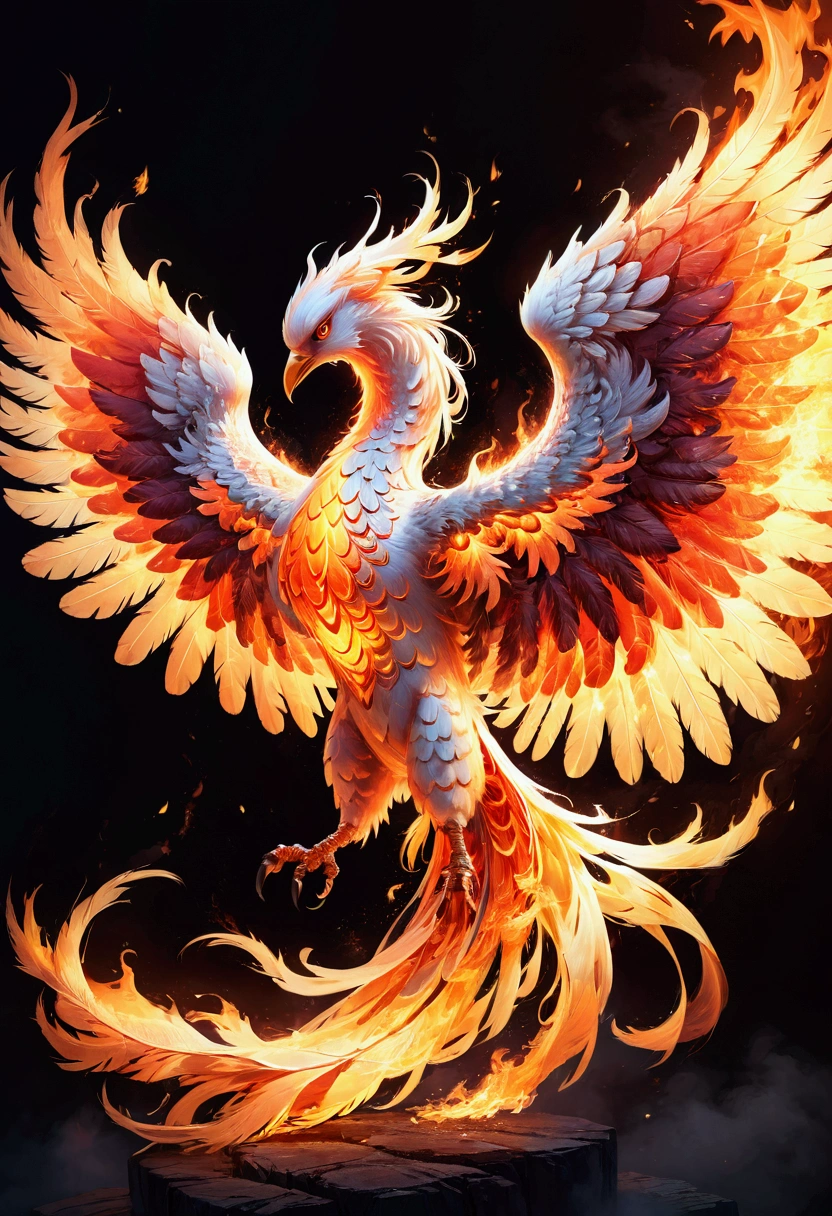 Phoenix, a majestic phoenix, detailed feathers, dramatic lighting, vibrant colors, 8k, highly detailed, intricate texture, glowing embers, sweeping wings, mythical creature, fantasy art, dramatic pose, fiery atmosphere, cinematic composition, masterpiece, best quality, very aesthetic, absurdres