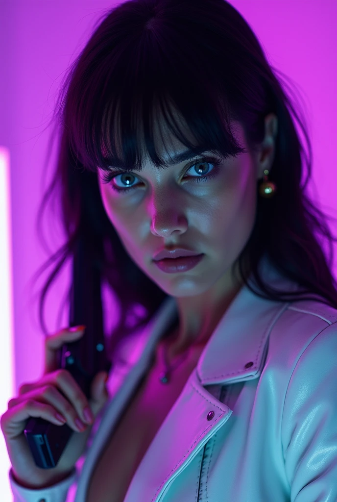 A close-up of a woman's very blue eyes, angry look, linda, black hair,white leather suit clothing, and a gun in his hand in his hand, purple fluorescent light background, dark sparkles