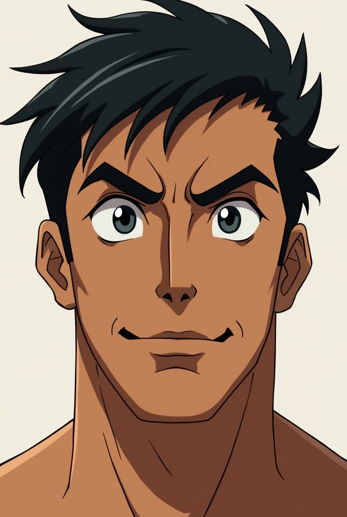 Face Description:

Skin Tone: Warm, brown skin tone 
Hair: Short, black hair with a slight wave, neatly styled and parted to one side.
Eyebrows: Thick, well-defined eyebrows with a slight arch, dark and prominent.
Eyes: Dark, almond-shaped eyes with a focused, intense gaze.
Nose: Straight nose with a medium width.
Lips: Full, well-shaped lips with a defined Cupid's bow.
Facial Hair: Well-groomed  mustache, closely trimmed upper lip.
Jawline: Strong, angular jawline with a pronounced chin.
Expression: Neutral to slightly serious, with a confident and composed demeanor.
Make it anime from doraemon