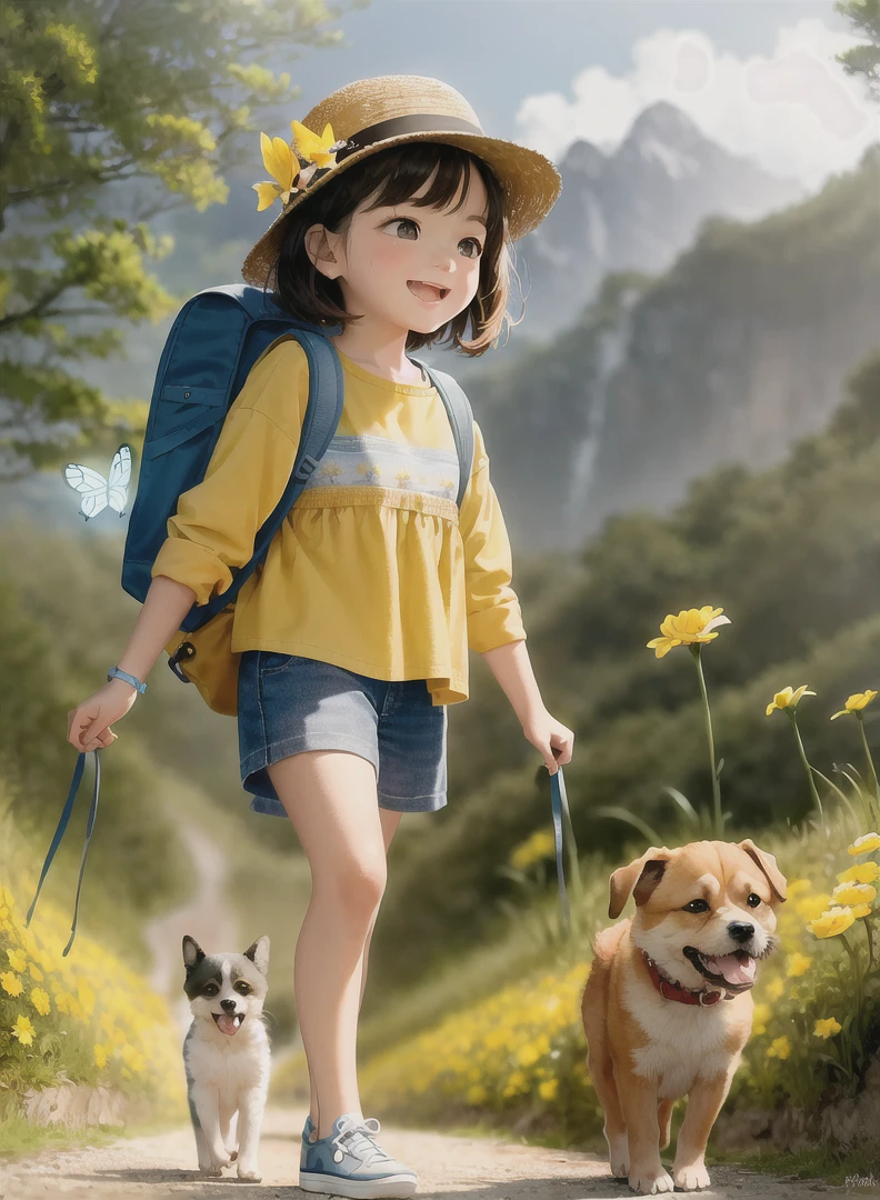An incredibly charming  carrying a backpack, accompanied by her adorable puppy, enjoying a lovely spring outing surrounded by beautiful yellow flowers and natural scenery. The illustration is in high definition at 4k resolution, with highly-detailed facial features and cartoon-style visuals, (Butterfly Dance)