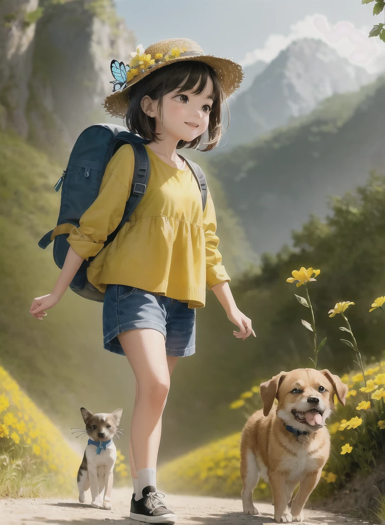 An incredibly charming carrying a backpack, accompanied by her adorable puppy, enjoying a lovely spring outing surrounded by beautiful yellow flowers and natural scenery. The illustration is in high definition at 4k resolution, with highly-detailed facial features and cartoon-style visuals, (Butterfly Dance)