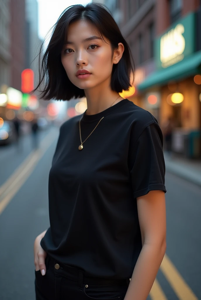Photograph of woman, white skin, thirty two old, short and black hair, perfect brown eyes, perfect lips and run makeup, with a black T-shirt and black pants, with a background of city