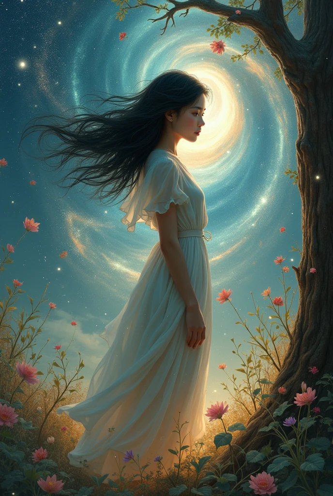 (best qualityer, work of art), 1 girl, pose, particle, Tuuli, flowers, trunk, simple background, looking ahead at viewer, uncontrolled black hair, Cosmic, nebulas, Galaxy
