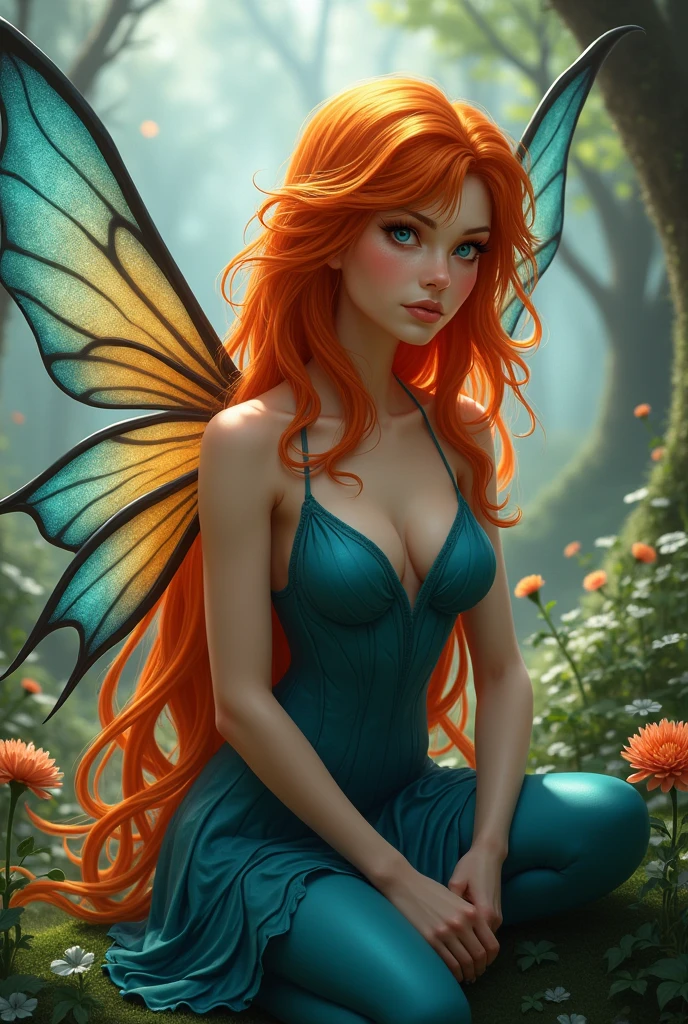 An adult fairy with long fiery orange hair, which is about 20 years old. She has blue eyes and blue-orange wings. She has a serious expression on her face.