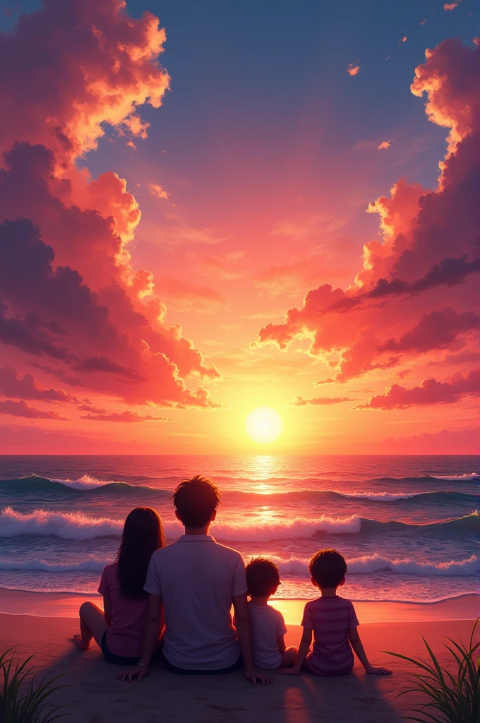 A beautiful sunset over the ocean with vibrant colors in the sky. A family sitting outside, watching the sunset from the beach, with silhouettes against the colorful sky