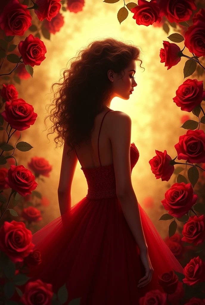Book cover with red roses and silhouette of a woman from behind, Not so big, in golden color with curly hair. You can't see his face