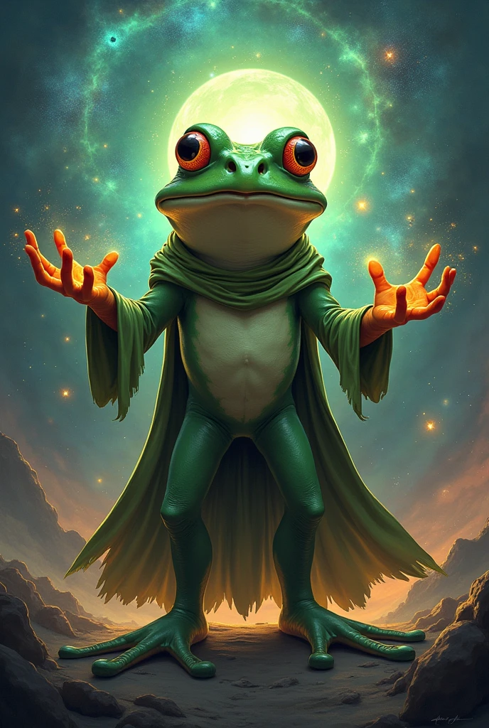 Create pepe the meme frog into a mystique character , or powerful character , like his controling the universe or know s magic something dope , in his background you can add space or anything that goes hard with him