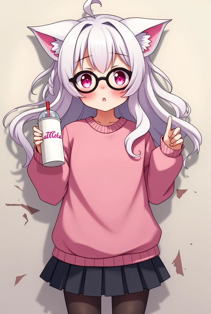 I have white pink hair, cat ears, A good, My face is super flushed, black glasses, pink heart eyes, a big pink sweatshirt, a black skirt, black stockings, White shoes, A cat'cola, A woman. very shy that is stuck to a wall with her butt