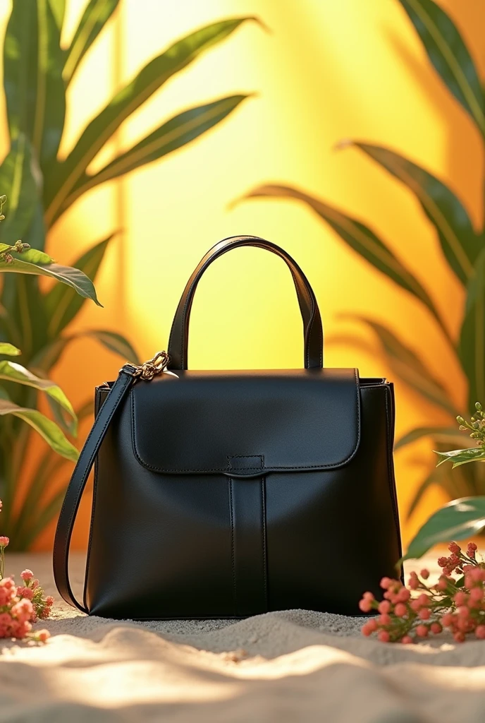 An image of a sustainable and durable leather bag for a spring summer collection. It could be a black bag, but the image should contain something very summery. It is for advertising on social media., so there may be creative elements as well.
