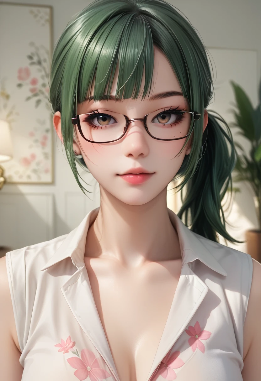 Zenin Maki with green hair and glasses, fine details. best anime 4k konachan wallpaper, beautiful anime portrait, stunning anime face portrait, detailed portrait, The background is a vintage floral-patterned wallpaper that complements the artwork's colors. The line work is precise, with delicate shading that gives the illustration a 3D quality.
