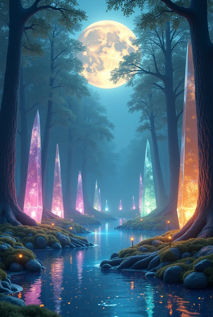 Imaginez une forêt où chaque arbre est sculpté dans du cristal pur, brillant d'une lumière intérieure douce. Les troncs scintillent en nuances de bleu, vert, et violet, tandis que les feuilles en forme de joyaux captent les rayons d'une lune gigantesque, changeant de couleur au fil de la nuit. Le sol est couvert d'un tapis de mousse argentée qui émet une lueur douce, et des lucioles dorées dansent dans l'air, créant un ballet lumineux autour des troncs. Au centre de la forêt, une clairière abrite un lac de mercure où se reflètent des constellations inconnues, donnant l’impression que le ciel et la terre se rencontrent.