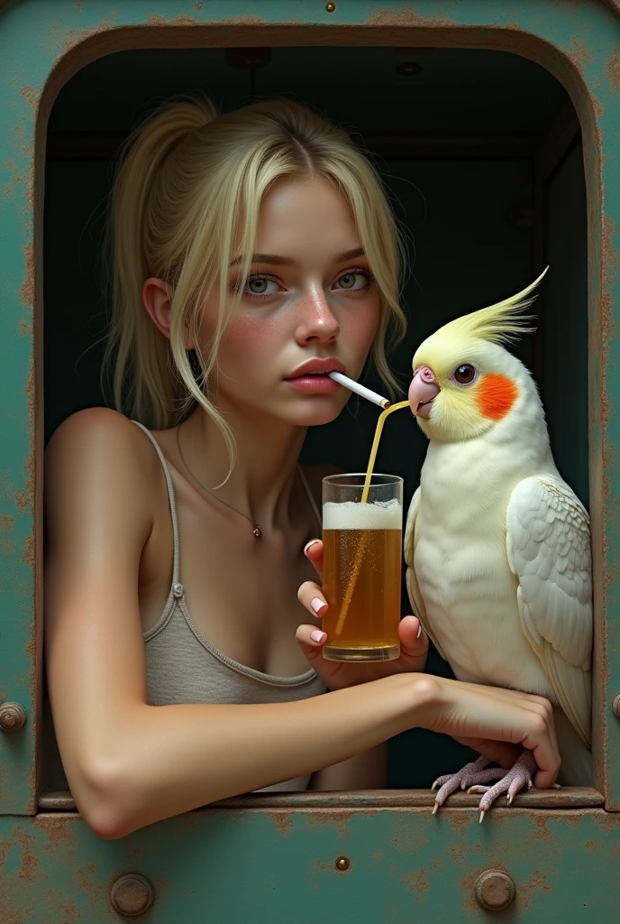A blonde woman, with tied hair, black eye low, smoking . in a box inside a truck, with her boyfriend who is a cockatiel who is drinking beer with a straw