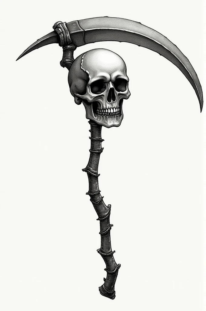 Draw a picture of a scythe and a skull