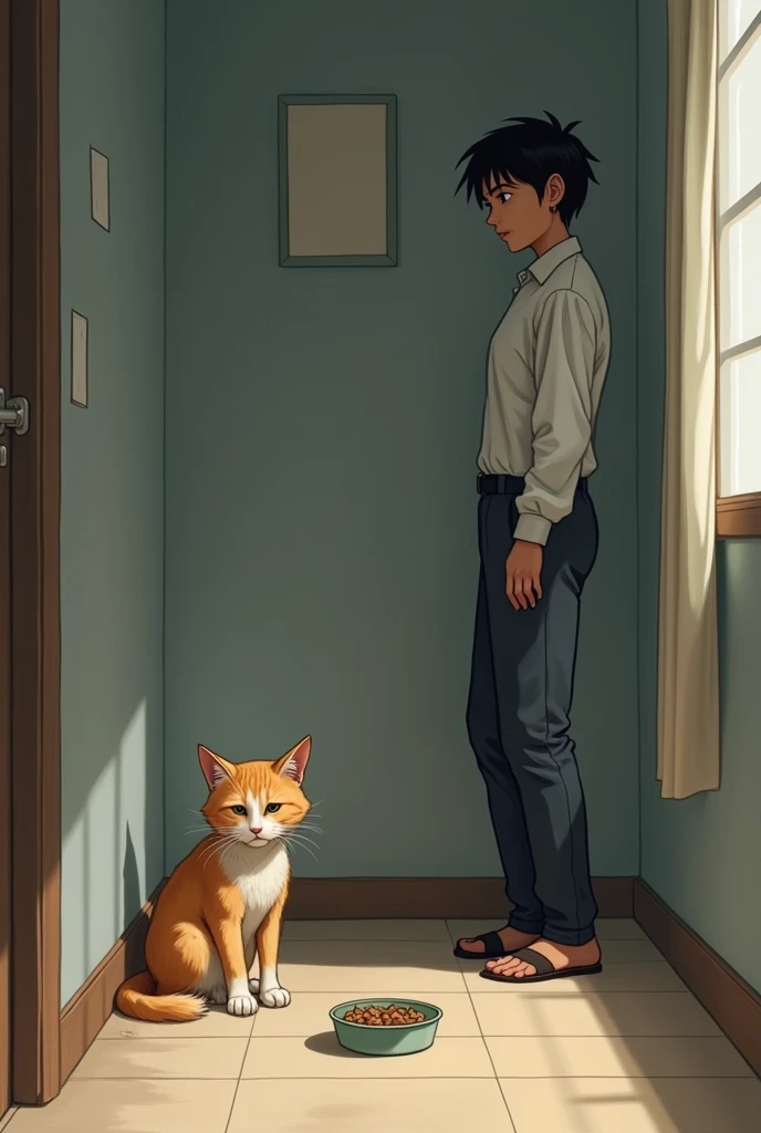 The cat sits in a corner with a small, sad-looking portion of food in front of it, clearly being put on a diet. The owner stands nearby with a stern but caring look.