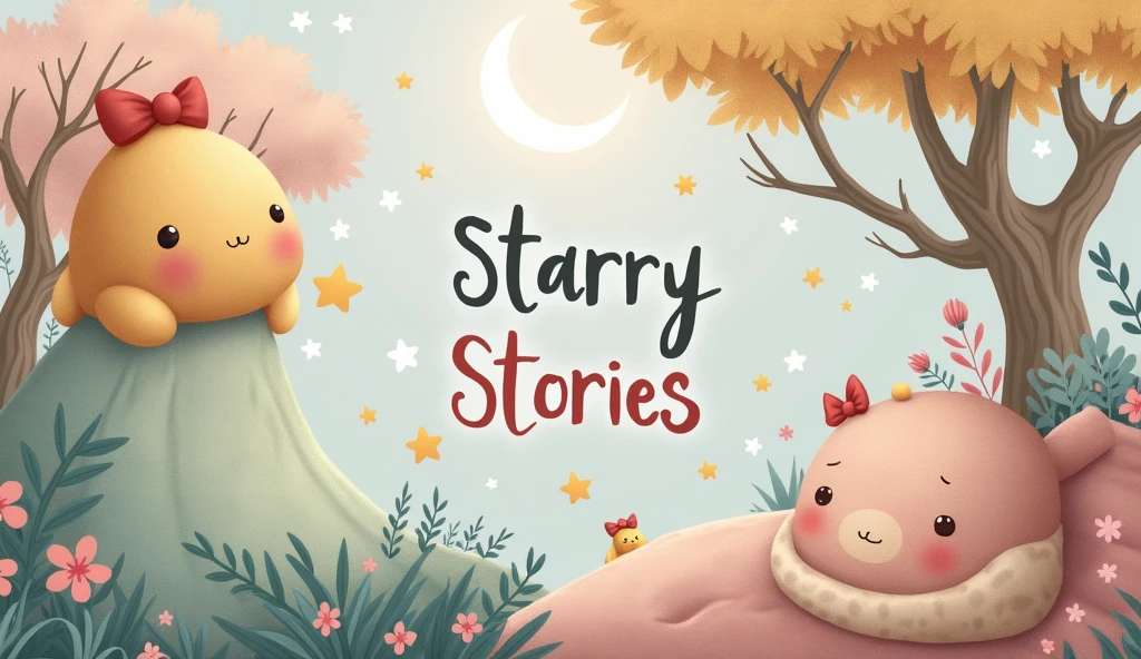 Create a banner for YouTube channel, specializing in the theme of bedtime stories in the style of The channel will feature cute, Good, educational and soothing stories for kids with high-quality video accompaniment from animated illustrations in a cute style.
It should have warm and pleasant associations with a wonderful childhood.. 
Channel name - Starry Stories