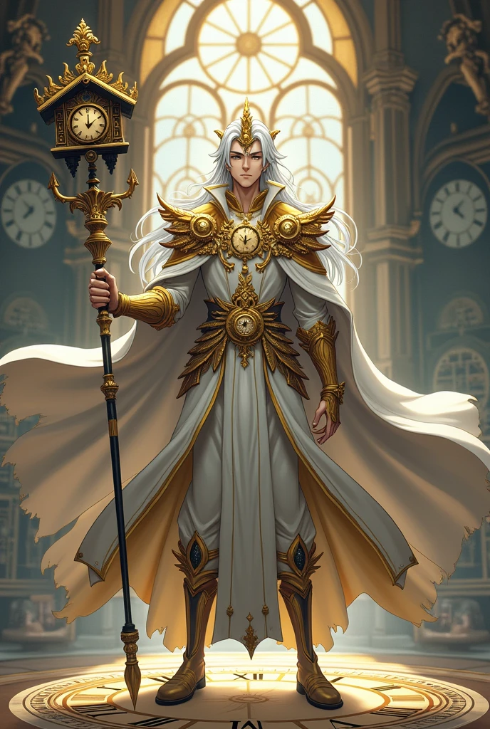 A very handsome man, he has golden skin, he is wearing a crown that has a clock in the center, his hair is silver, he is wearing a cloak of time with several clocks and the cloak is white with gold on both arms, he has several clocks, he is holding a steampunk style staff in his left hand, on top of the staff there is a cuckoo clock, the place he is in is a room full of clocks and the floor is a giant clock, the image has to be in anime