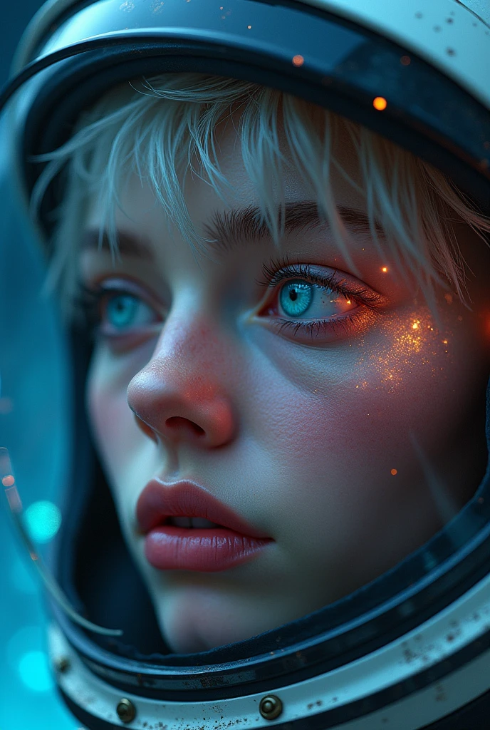 (Close-up of a better masterpiece:1.5)0.9], (Space and astronauts:1.2) (Messy silver hair:1.1) (Heterochromia xanthochromia and blue eyes:1.2) (Space Helmet:1.0) (Colored stars in the eyes:1.0) (A radiant glow:1.1) (thick lips:0.9)