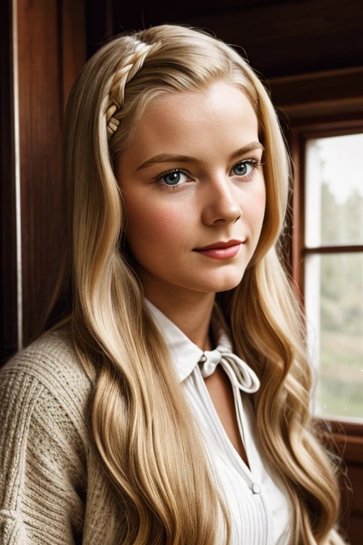 Medium view, of young aged, , face portrait, Scandinavian features,long hair, blond hair, 1940s hair style, 1940s clothing, in cozy fjord home 1936, sweaty