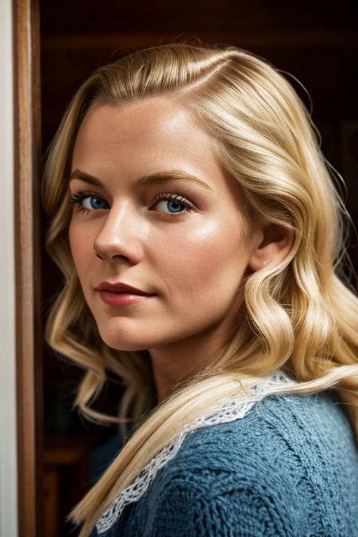 Medium view, of young aged, , face portrait, Scandinavian features,long hair, blond hair, 1940s hair style, 1940s clothing, in cozy fjord home 1936, sweaty