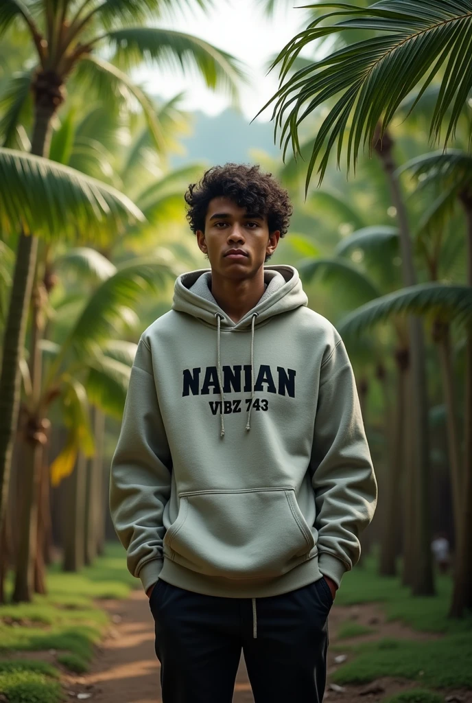 A young man wearing a hoody name on the hoody is NANIAN VIBZ 743 standing under the coconut plantation 