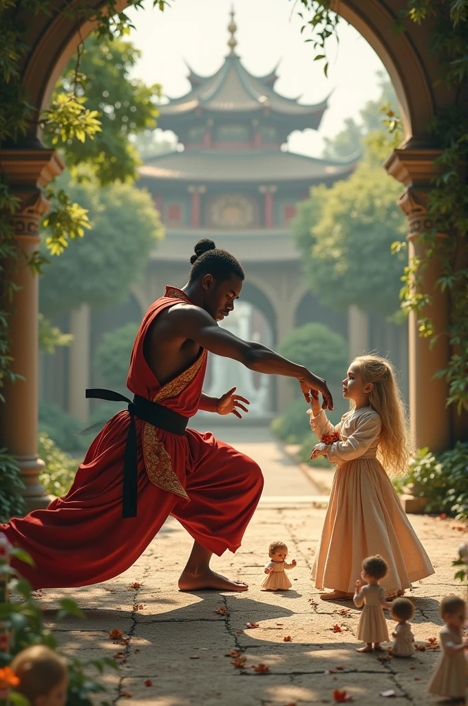 In an enchanted kingdom, a young black man fights martial arts and a little blonde princess plays with dolls