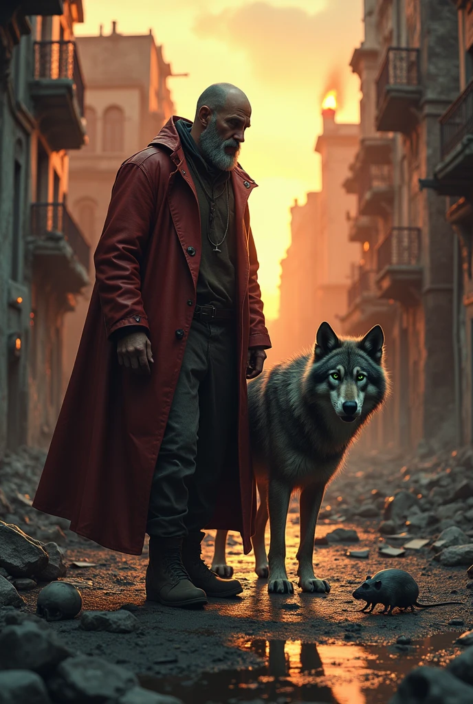 Cloak red leather raincoat Bearded mountain man, bald, with green, kind eyes, expressing the sentiment of being a stranger in his own town, accompanied by a loyal gray wolf, exploring the war-torn ruins of an old city, evoking sadness and the end of civilization, sunset casting dramatic lighting on the burning buildings behind, rats scurrying around puddles, graffiti-adorned walls, broken bottles, and strewn papers, a solitary skull visible on the ground, 3D effect ultra-detailed intricate insanely full HD, golden ratio, volumetric modeling, spotlight embroidery, accents, intense gaze, digital painting cinematic film light, the saddest night,