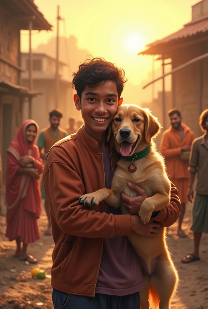 **Amit and Raja Together**: Show Amit and dog standing together, smiling, amidst the recovering village people after the flood.
