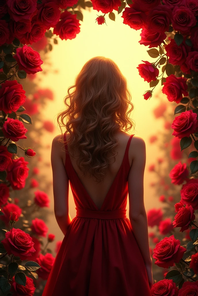 Book cover with red roses and silhouette of a woman from behind, Not so big, in golden color with blonde curly hair. You can't see his face