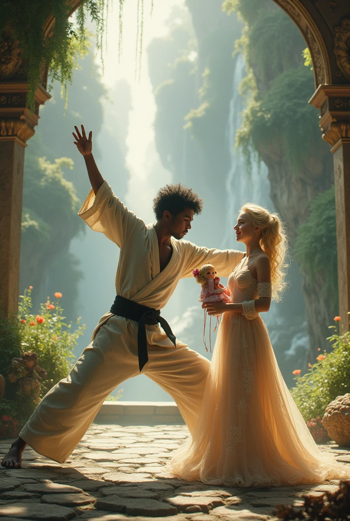 In an enchanted kingdom a young black man fighting martial arts and a little blonde princess playing with dolls.