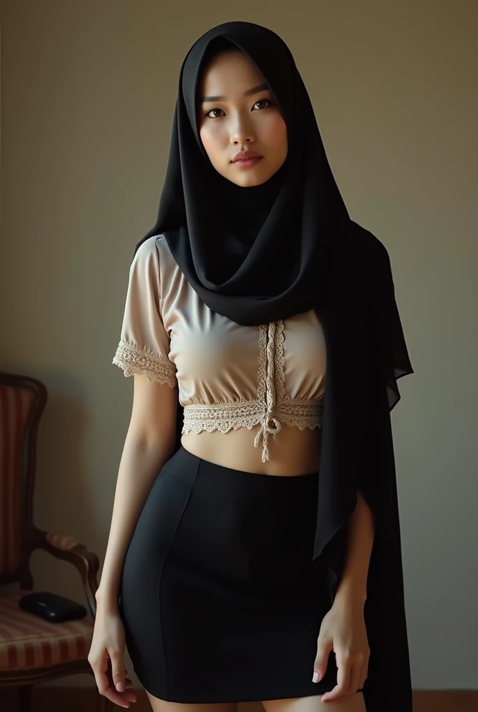 Malaysia,Muslim women,scarf,Black skirt,Ultra-high-definition images,chest,Upper body down,reality,Unbutton,Cleavage,Reality,Standing,Home,Good shape,Short-sleeved clothes,Sexy,Thin clothes,perspective,,Lace,Thin hijab,Long legs,floor,Positive direction,Facing the camera