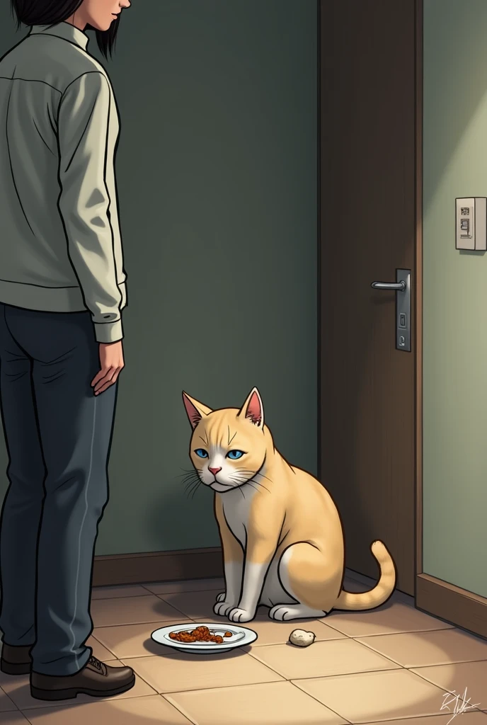 The cat sits in a corner with a small, sad-looking portion of food in front of it, clearly being put on a diet. The owner stands nearby with a stern but caring look.