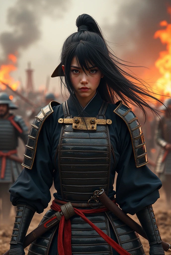 Japan Female Samurai、Female warriors of the Sengoku period、Wearing a helmet、Scene of fierce fighting、There are many people fighting around、Flames are rising all around、Sense of presence。Real、Genuine、25age、Black Hair