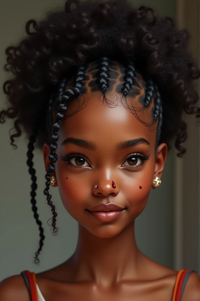 A black woman with her hair braided only in the front and curly in the back.
With a few pimples on the face and 2 spots on the nose.
