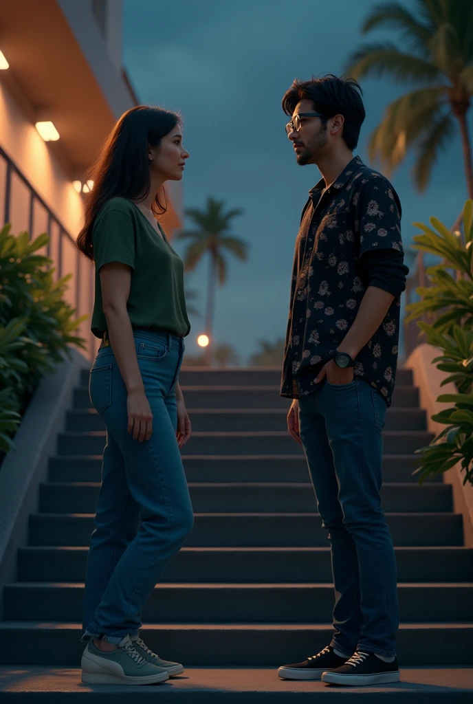 A woman and a men are talking on the wide stairs at night, the women is wearing a green top and jeans , the men is wearing a black printed shirt, jeans , spec and black sneakers.