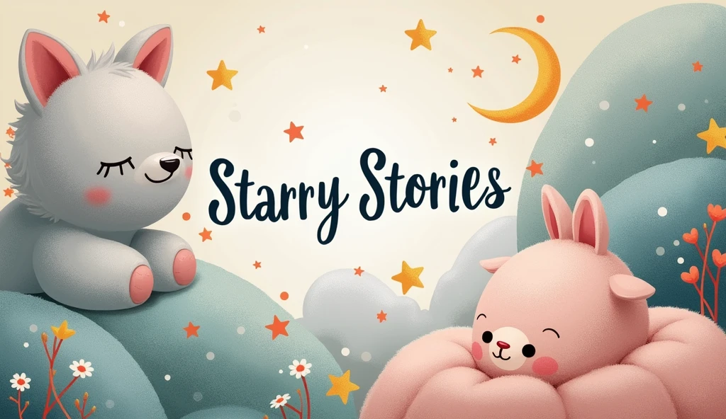 Create a banner for a YouTube channel specializing in the theme of bedtime stories in style 
The channel will post cute, kind, instructive and soothing stories for babies with a quality video accompaniment of animated illustrations in a cute style.
It should warm and pleasant associations with a wonderful childhood. 
Channel name - Starry Stories