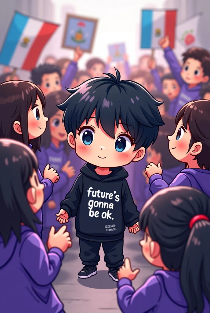 BTS Suga black sweatshirt with Future&#39;s Gonna Be Ok letters black hair and eyes. protected and supported by his many Latin American army fans in purple sweatshirts, Posters and flags of Guatemala in hand cute chibi image