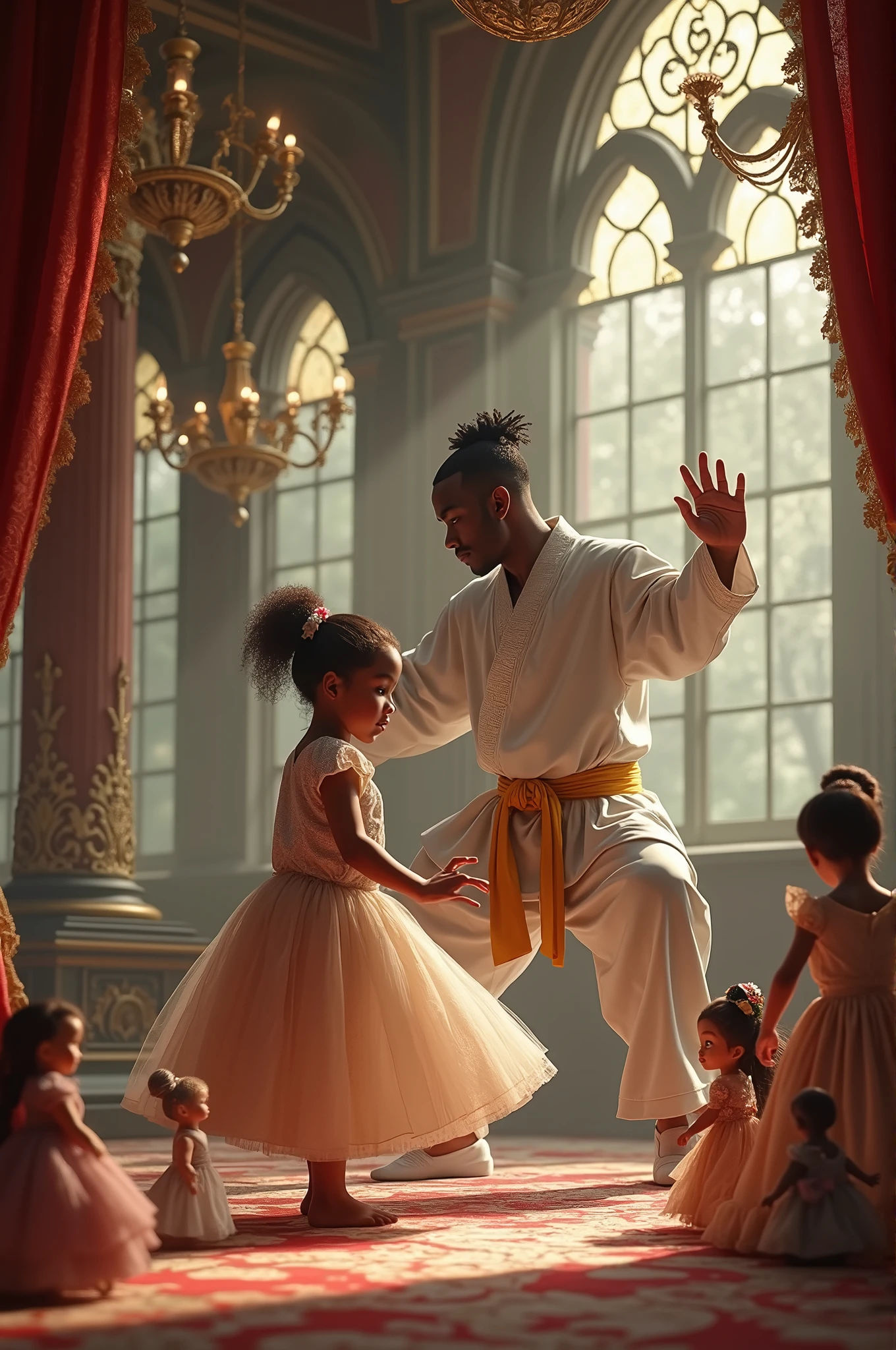 In an enchanted kingdom a young black man fighting martial arts and a little princess playing with dolls.