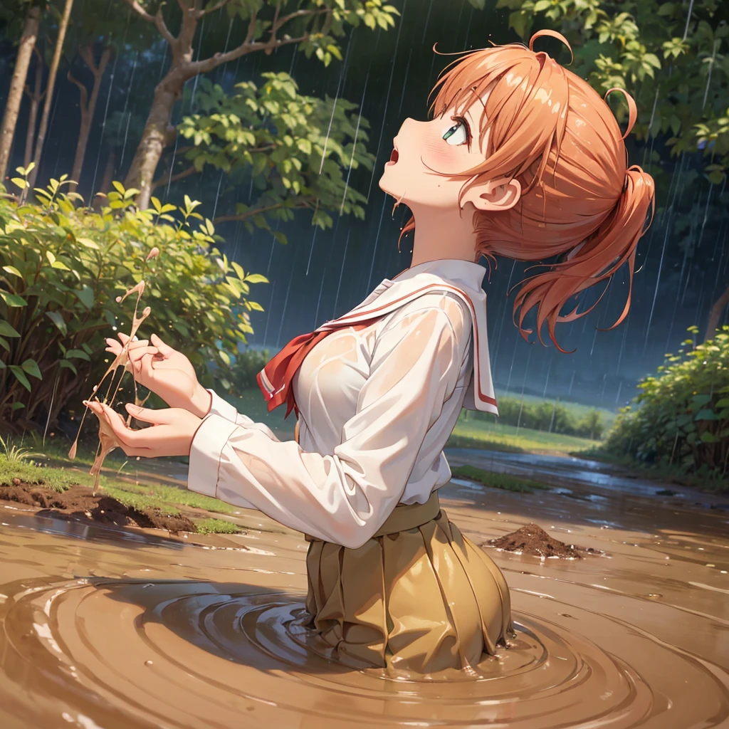 masterpiece, best quality, highres, solo:2, blush, anime CG style, good lighting, swamp, bog, (quicksand:1.5), (submerged up to her torso), kinomoto sakura, aichan, mikuru1, breasts, (catholic school uniform), white shirt, ginger girl, red ponytail hair, covered in mud, bog, grass, trees, (orgasm:1.5), (looking up:1.4), beautiful detailed eyes, (from the side:1.5), (rainy weather:1.4)