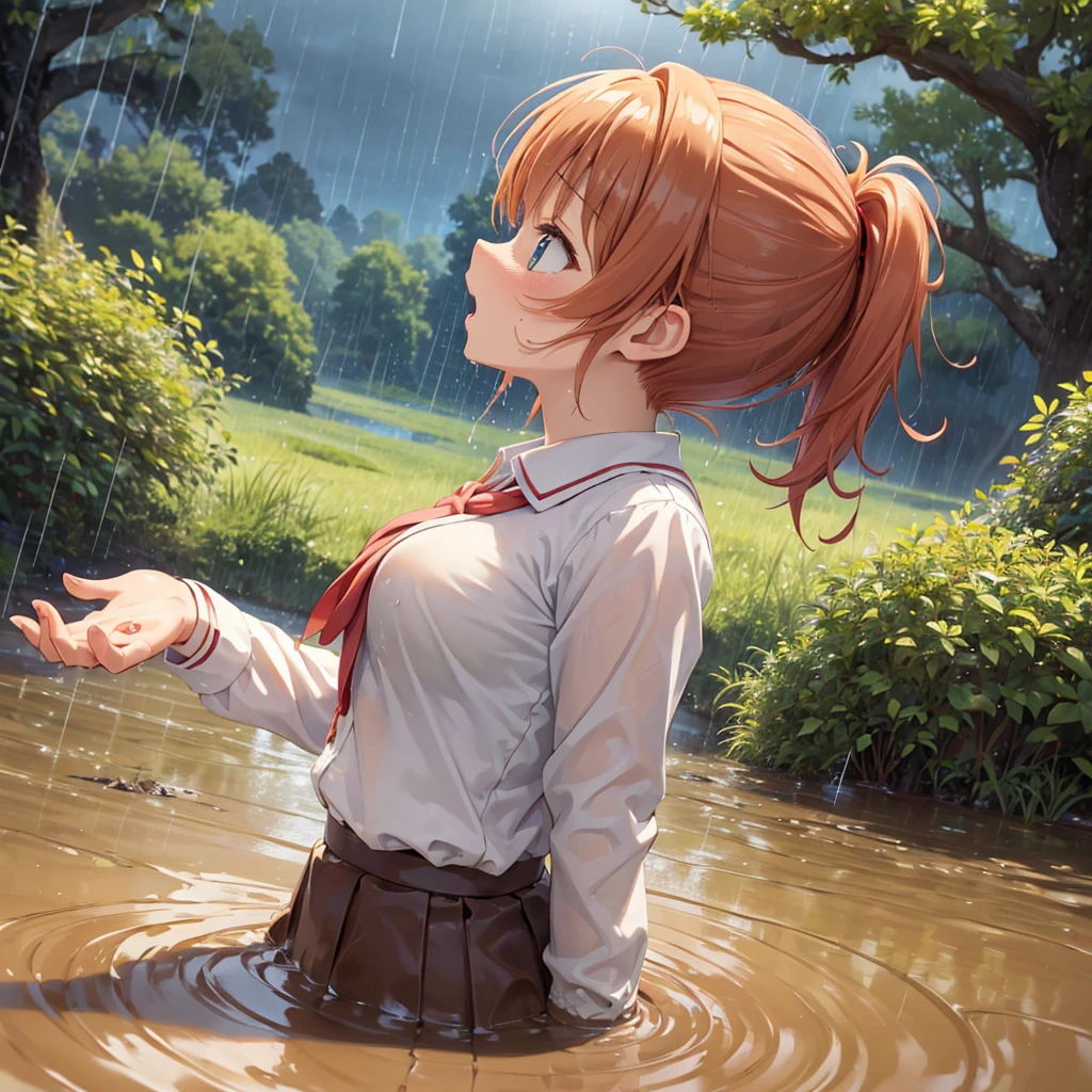 masterpiece, best quality, highres, solo:2, blush, anime CG style, good lighting, swamp, bog, (quicksand:1.5), (submerged up to her torso), kinomoto sakura, aichan, mikuru1, breasts, (catholic school uniform), white shirt, ginger girl, red ponytail hair, covered in mud, bog, grass, trees, (orgasm:1.5), (looking up:1.4), beautiful detailed eyes, (from the side:1.5), (rainy weather:1.4)