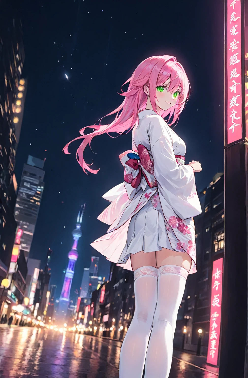 ((A pink-haired))，The hair was long，green eyes,Very long dull hairs，night city background，((white kimono costume))，((White miko stockings))，((white mini skirt)), night,standing,pink hair,pink hair,night city,((dark place)),((white kimono costume))，((White miko stockings))，((white mini skirt)),smile,