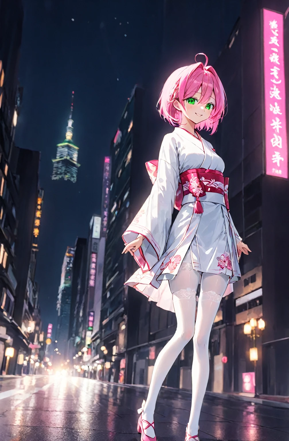 ((A pink-haired)),The hair was long,green eyes,Very long dull hairs,night city background,((white kimono costume)),((White miko stockings)),((white mini skirt)), night,standing,pink hair,pink hair,night city,((dark place)),((white kimono costume)),((White miko stockings)),((white mini skirt)),smile,