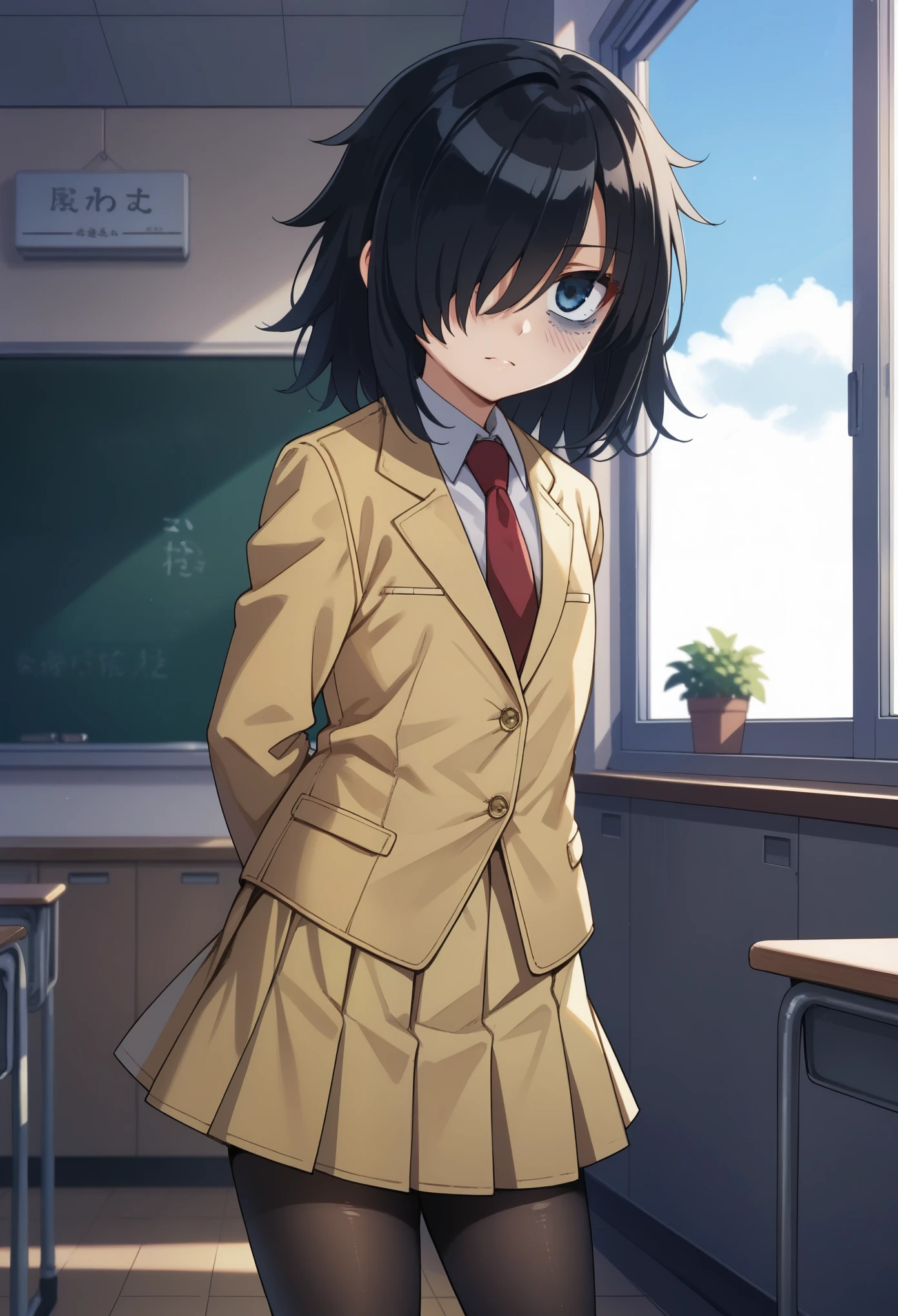 score_9, score_8_up, score_7_up,, solo, source_anime, tomokoxl, bags under eyes, hair over one eye black hair, medium hair, school uniform, black pantyhose, red necktie, yellow skirt, pleated skirt, yellow jacket, standing, cowboy shot, arms behind back, looking at viewer, blush, classroom, indoors, ligh rays, window, blue sky