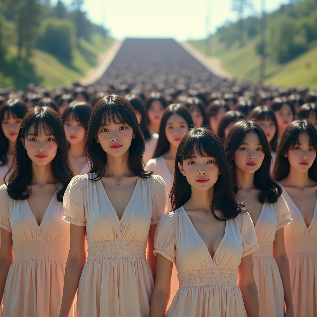 (((((Japanese Clone girls=Myself)))))), (((Best Super High quality Myself Clone girls Raw Photography Art))), (16K, Highest quality, Ultra-high resolution, RAW Photos), (((It's so unrealistic., With unparalleled depiction, With an unfathomable sight, An unprecedented and shocking worldview, Clone girls in a world of mass reproduction, Ultra-realistic))), (((Japanese, woman, 20yo, Saito-Asuka))), (Small face, ((Thick black hair, Semi-long hair))), ((V-neck short-sleeve dress)), (((((Very detailed美しい女体, Accurate body structure, Very detailed完璧な, Super busty body with very large breasts, Clearly emphasizes cleavage))))), (((Dark Eyes, Mature face, Cute Smile, A gentle gaze))), (((Her happy and smiling expression is so cute))), ((((((((Very detailed分身増殖描写, ((1girl→Myself cloning→1,000,000,000,000,000,000,000,000,000,000,000,000,000,000,000,000,000,000,000,000Myself Clone girls)))))))))), ((((((((Very detailed, The precise depiction of the proliferation of Myself Clone girls, ((With the perfectly identical bodies of Myself clone girls, With the exact same face as the Myself clone girls, With the exact same hairstyle as the Myself clone girls, In the exact same clothes as the girls who are my clones, Perfectly the same height as the Myself clone girls, Super big breasts, just like the Myself clone girls)))))))))), (((Myself clone girls only))), (((Multiple pairs, Very detailed depiction, (Myself clone girls hug each other, Myself clone girls assemble, Fun conversations with fellow Myself clone girls, A fun conversation between Myself clone girls, Myself clone girls holding hands, Walking with lots of Myself clone girls, turn around, look at me)))), (((Everyone looks at the camera))), (((Unbelievably crowded, Transcendent Myself clone girls intimately, Countless Myself clone girls surround you in 360 degrees))), (Bright, soft sunlight), (((Very wide field of view, Very detailed, Detailed ultra-perspective depiction with clear depth, super wide view))), (((((A place with a steeply curved slope))))), (((Very photographic and detailed depiction, Myself clone girls will multiply infinitely and fill the surroundings from one side to the horizon with their bodies tightly packed together without any gaps., A scene of endless Myself clone girls and a fun atmosphere))), (Focus on the average value of the image)