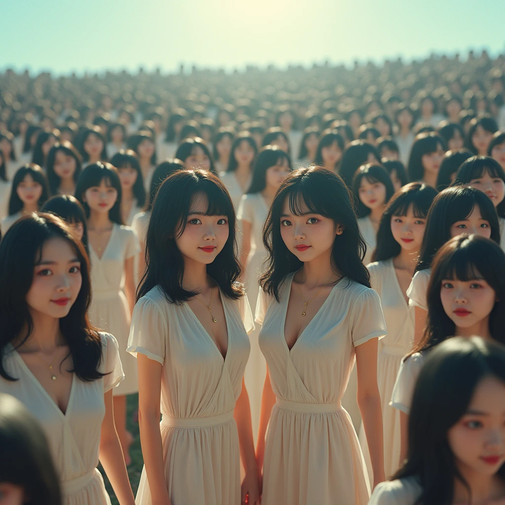 (((((Japanese Clone girls=Myself)))))), (((Best Super High quality Myself Clone girls Raw Photography Art))), (16K, Highest quality, Ultra-high resolution, RAW Photos), (((It's so unrealistic., With unparalleled depiction, With an unfathomable sight, An unprecedented and shocking worldview, Clone girls in a world of mass reproduction, Ultra-realistic))), (((Japanese, woman, 20yo, Saito-Asuka))), (Small face, ((Thick black hair, Semi-long hair))), ((V-neck short-sleeve dress)), (((((Very detailed美しい女体, Accurate body structure, Very detailed完璧な, Super busty body with very large breasts, Clearly emphasizes cleavage))))), (((Dark Eyes, Mature face, Cute Smile, A gentle gaze))), (((Her happy and smiling expression is so cute))), ((((((((Very detailed分身増殖描写, ((1girl→Myself cloning→1,000,000,000,000,000,000,000,000,000,000,000,000,000,000,000,000,000,000,000,000Myself Clone girls)))))))))), ((((((((Very detailed, The precise depiction of the proliferation of Myself Clone girls, ((With the perfectly identical bodies of Myself clone girls, With the exact same face as the Myself clone girls, With the exact same hairstyle as the Myself clone girls, In the exact same clothes as the girls who are my clones, Perfectly the same height as the Myself clone girls, Super big breasts, just like the Myself clone girls)))))))))), (((Myself clone girls only))), (((Multiple pairs, Very detailed depiction, (Myself clone girls hug each other, Myself clone girls assemble, Fun conversations with fellow Myself clone girls, A fun conversation between Myself clone girls, Myself clone girls holding hands, Walking with lots of Myself clone girls, turn around, look at me)))), (((Everyone looks at the camera))), (((Unbelievably crowded, Transcendent Myself clone girls intimately, Countless Myself clone girls surround you in 360 degrees))), (Bright, soft sunlight), (((Very wide field of view, Very detailed, Detailed ultra-perspective depiction with clear depth, super wide view))), (((((A place with a steeply curved slope))))), (((Very photographic and detailed depiction, Myself clone girls will multiply infinitely and fill the surroundings from one side to the horizon with their bodies tightly packed together without any gaps., A scene of endless Myself clone girls and a fun atmosphere))), (Focus on the average value of the image)