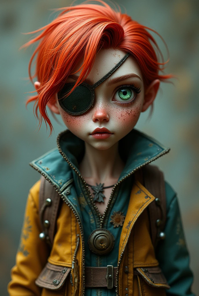 Adult with red hair and one eye with a patch and the other green, with worn colored clothes.

