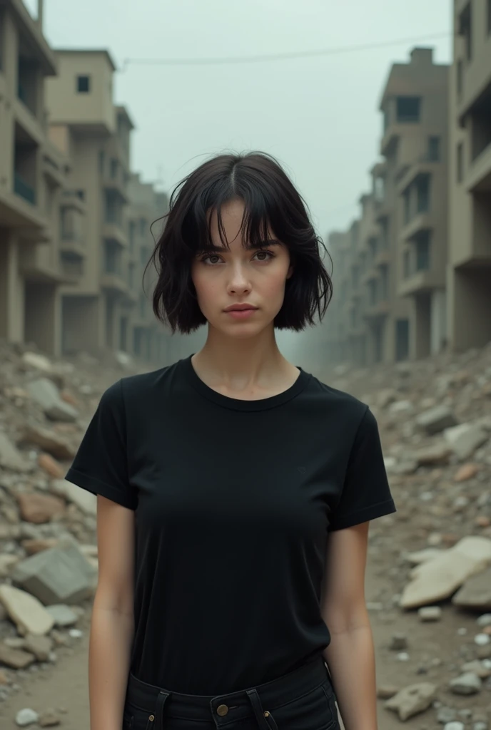 Photograph of amrican woman, white skin, thirty two old, short and black hair, perfect brown eyes, perfect lips and run makeup, with a black T-shirt and black pants, with a background of broken city