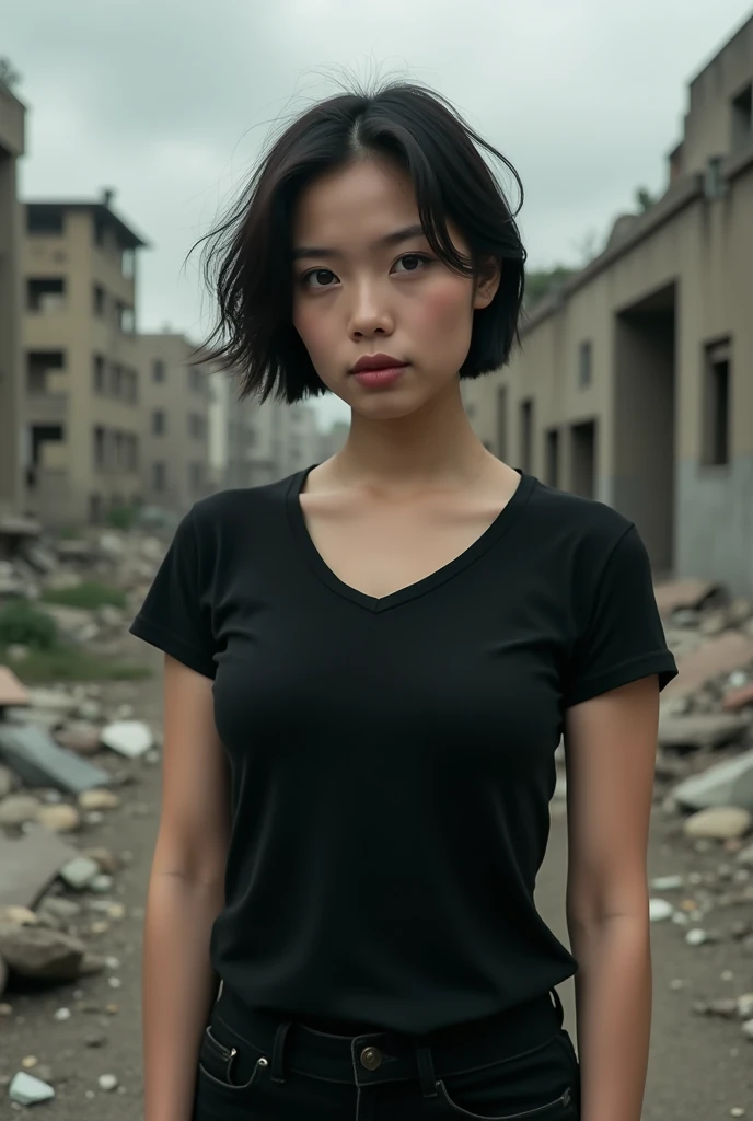 Photograph of amrican woman, white skin, thirty two old, short and black hair, perfect brown eyes, perfect lips and run makeup, with a black T-shirt and black pants, with a background of broken city