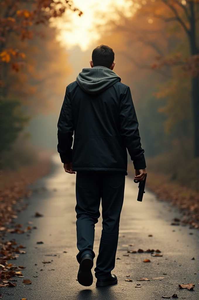 a man walking and holding a pistol in left hand from behind 
